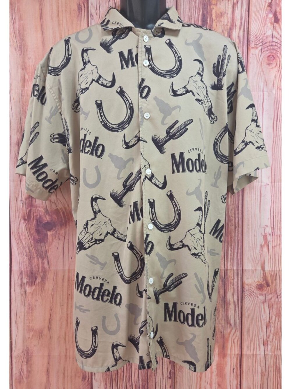 Modelo Western-Themed Button-Up Shirt 2X Beige Cerveza Print